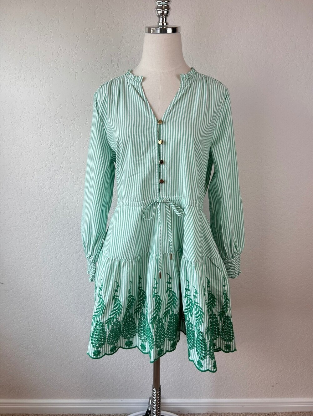 Lands End Green Striped Floral Embroidered Tie Waist Long Sleeve Mini Dress S